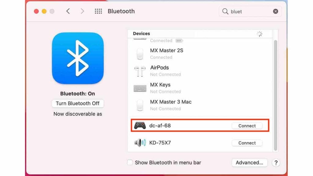 Find controller in bluetooth settings
